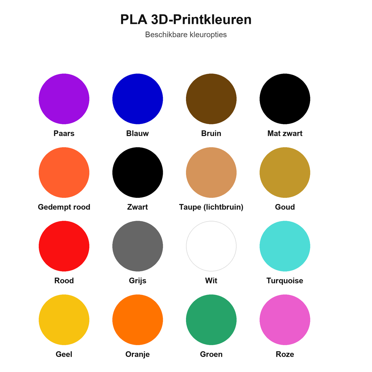 Beschikbare PLA 3D-printkleuren