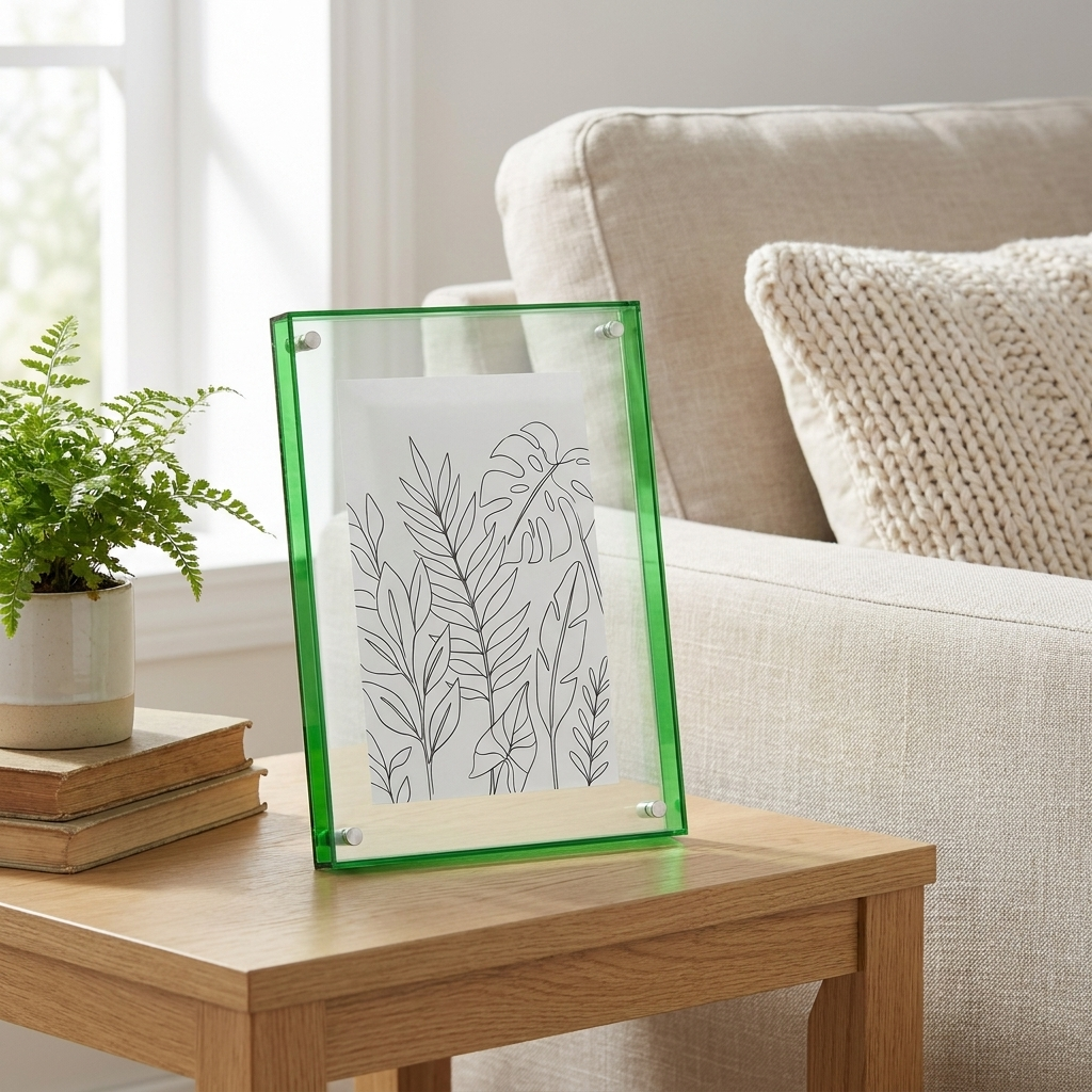 Flitsko Zwevend Acryl Fotolijstje - sfeerfoto woonkamer groen slanke rand