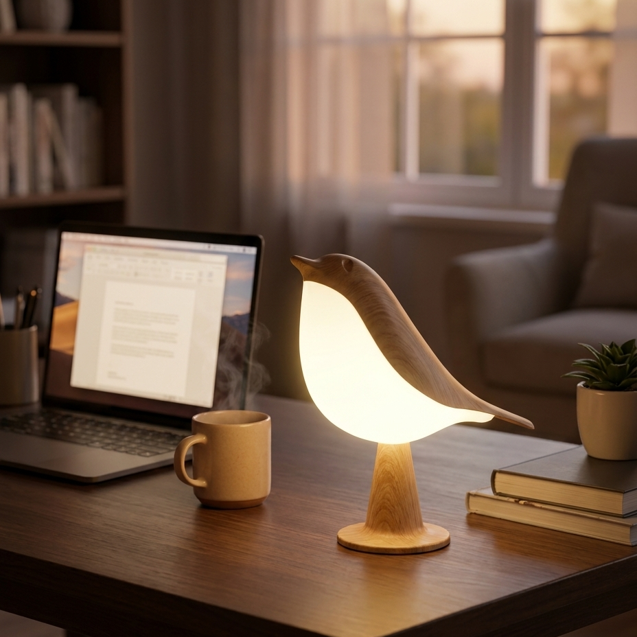 Houten LED Vogellamp - sfeerfoto op bureau