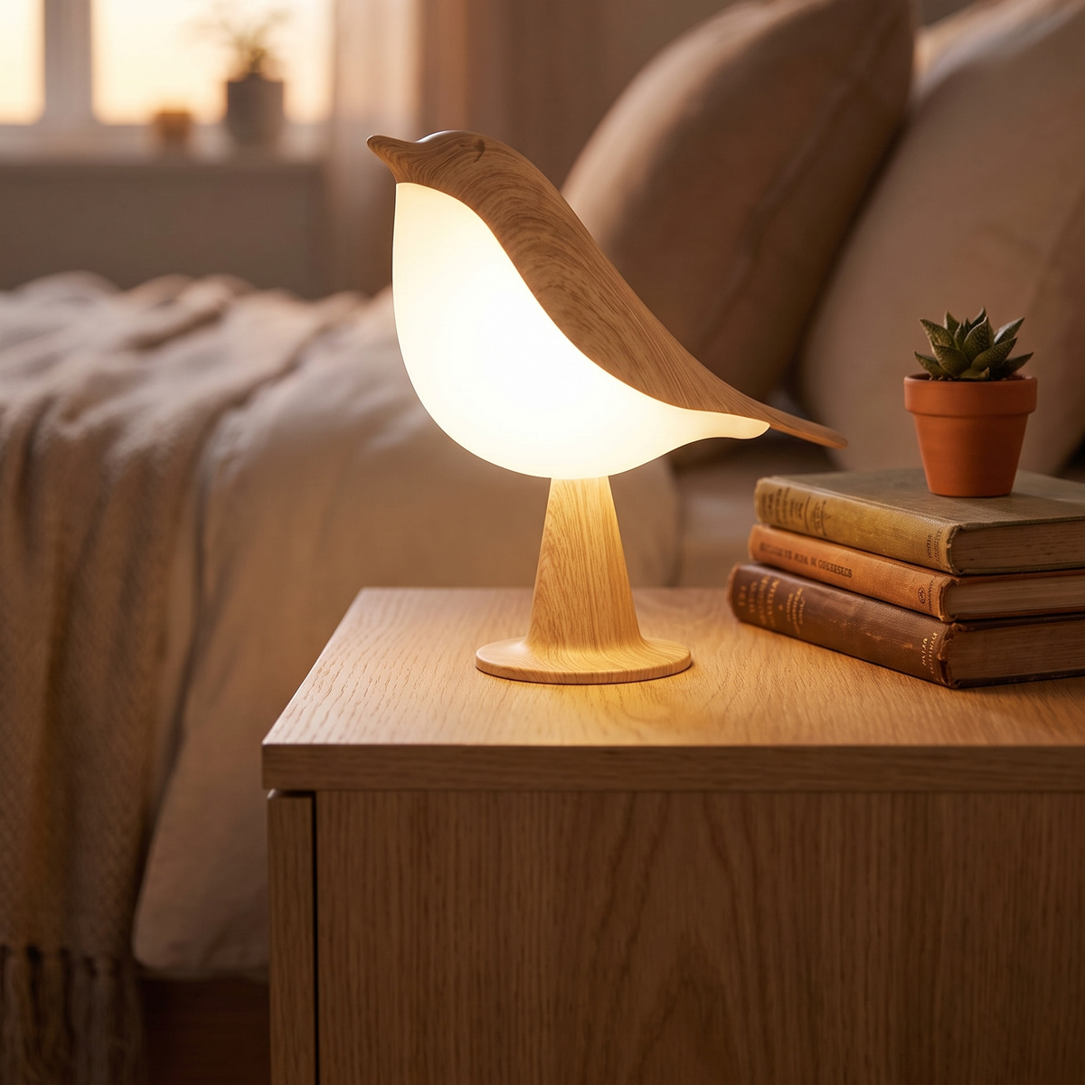 Houten LED Vogellamp - sfeerfoto op nachtkastje