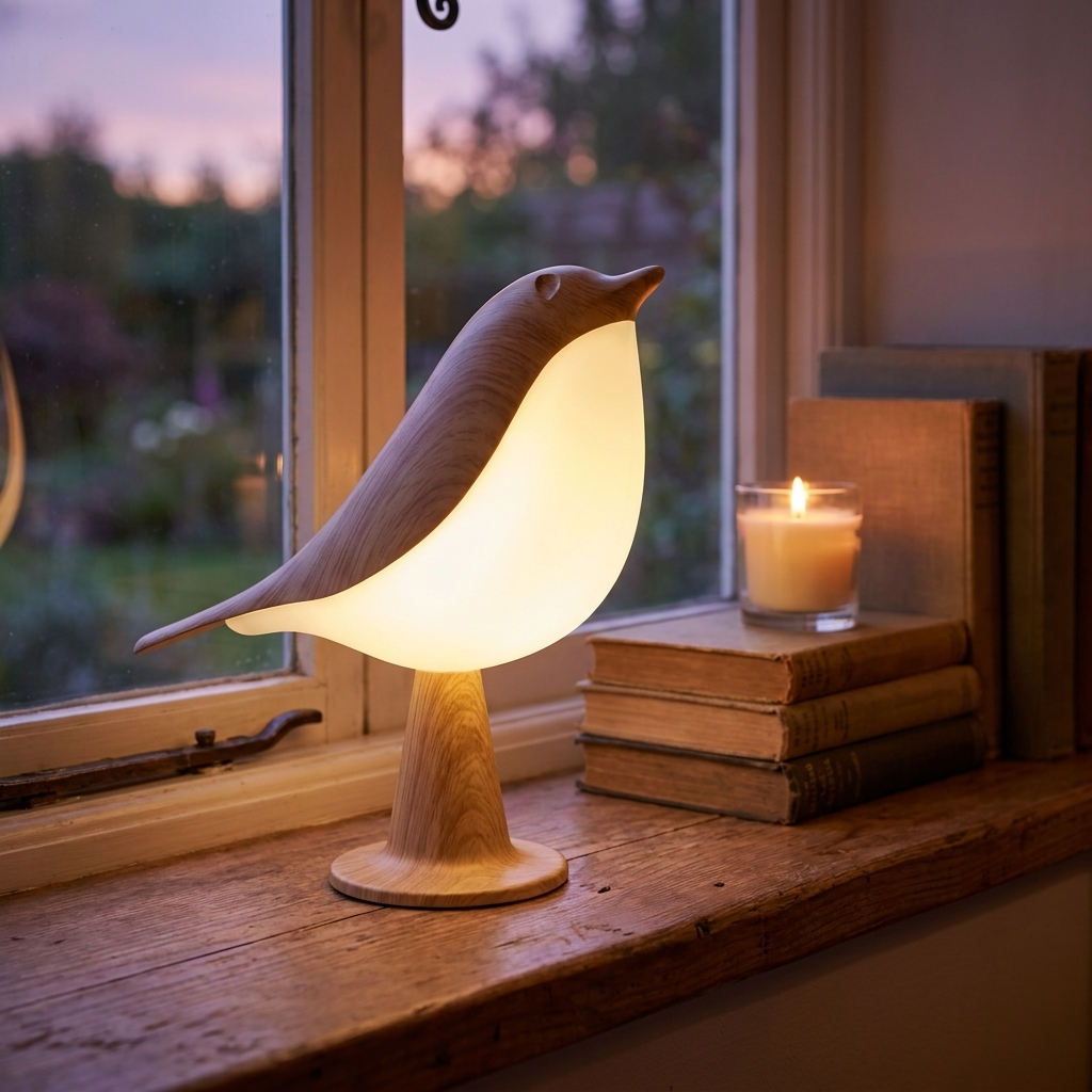 Houten LED Vogellamp - sfeerfoto op vensterbank